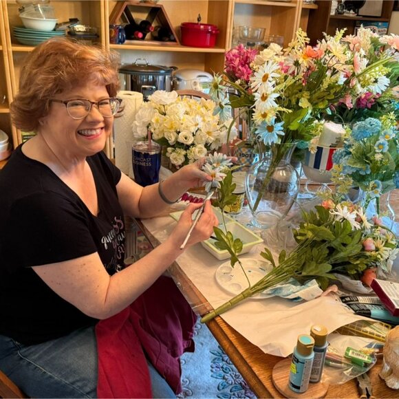 Handcrafted Floral Centerpiece Arrangement Clear Hourglass Vase Upcycled Decor - Picture 8 of 13